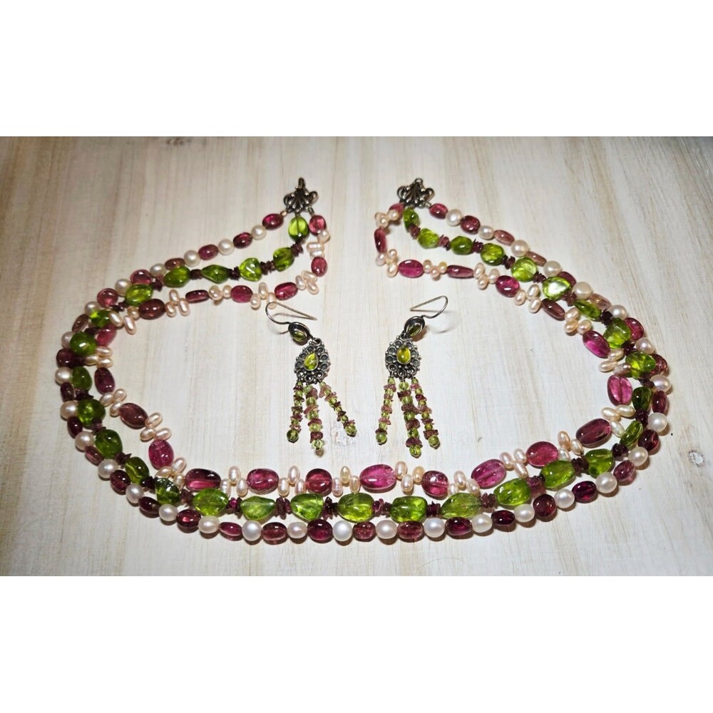 925 Sterling Peridot Pink Tourmaline Pearl Multi Strand Necklace & Earrings